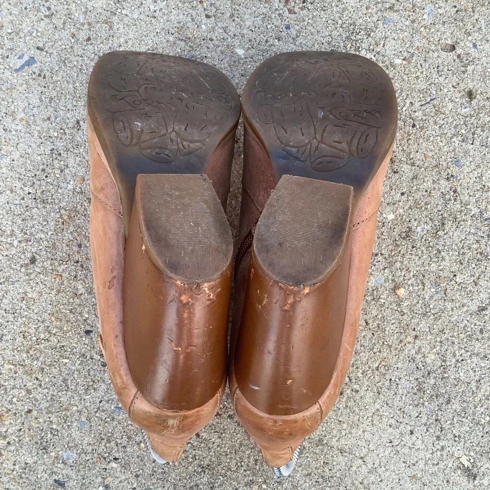 Korks Brown Leather Western Ankle Boots Block Heel Side Zip Q38016 CBHK16 SZ 6.5